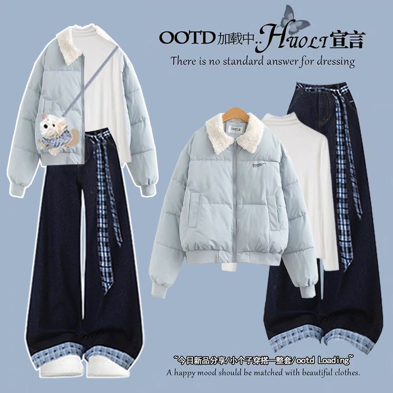 2025冬季套装女韩版宽松学院风短款加厚棉服针织衫牛仔裤三件套