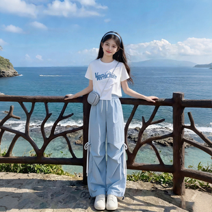 初中生套装女款2026夏季新款学生小个子学院风短袖T恤工装裤套装