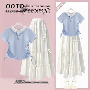 洋气假两件短袖 女超好看夏装 薄款 2025新款 半身长裙 裙子套装