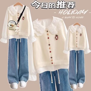 甜美少女时尚针织马甲衬衫春装套装学院风初高中学生叠穿搭三件套