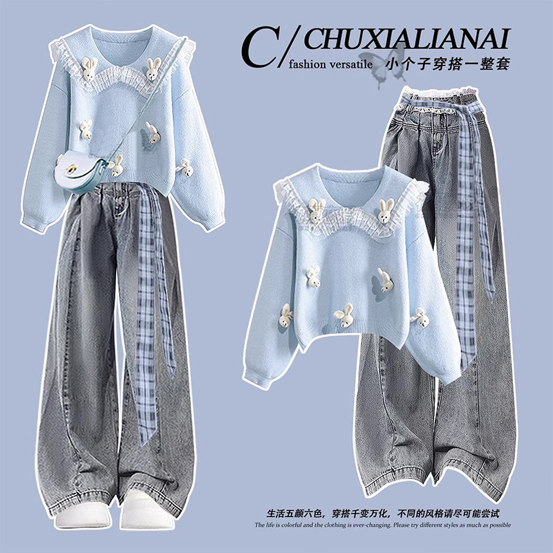 韩系冬季穿搭蓝色套头毛衣女巨好看的冬装一整套小个子学院风针织,女装/女士精品,时尚套装,淘宝优惠券,粉丝福利购,淘宝优惠卷