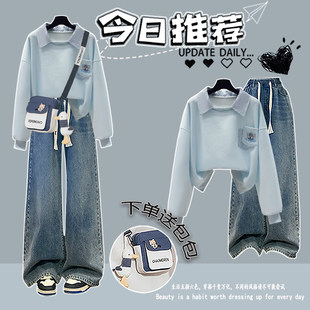 初中生春装女2026新款套装学院风卫衣牛仔裤大童高中学生整套穿搭