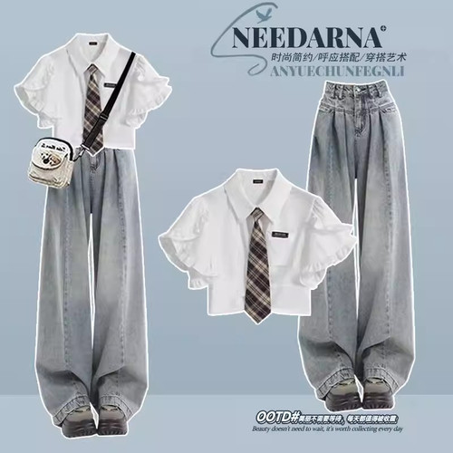 学院风jk制服套装女夏季衬衫领带牛仔阔腿裤两件套减龄时尚