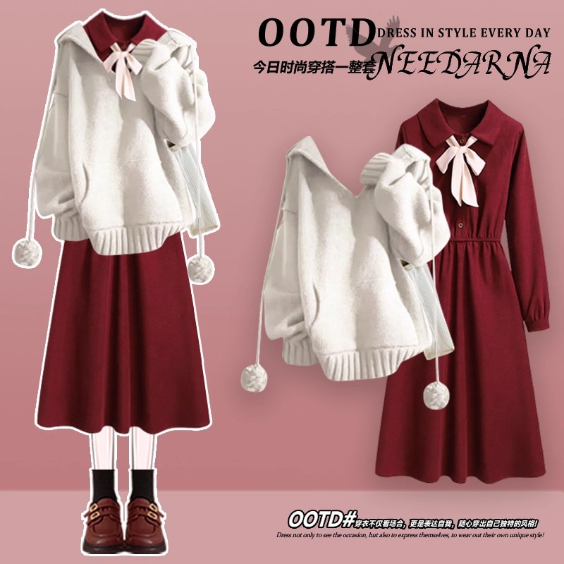 圣诞节小香风针织毛衣蝴蝶结连衣裙子套装裙女2025新款跨年战袍