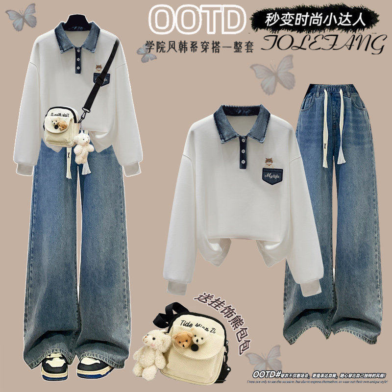 学院风假两件卫衣少女春装牛仔拼接宽松初中学生休闲上衣初高中生,女装/女士精品,时尚套装,淘宝优惠券,粉丝福利购,淘宝优惠卷