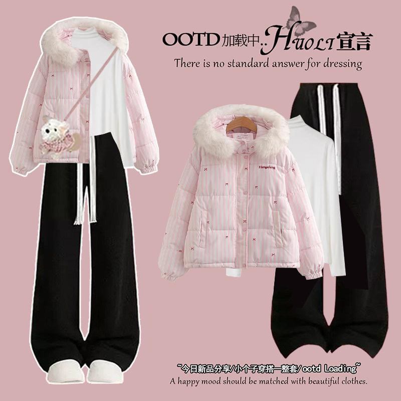 2025冬季套装女韩版宽松甜美清新毛领连帽棉服针织衫阔腿裤三件套