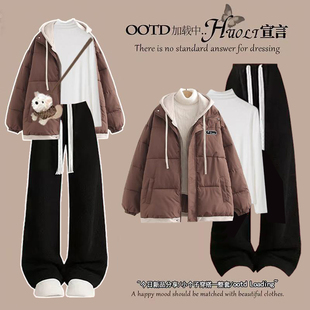 阔腿裤 女学生休闲洋气学院风连帽棉服针织衫 三件套 套装 2025冬季