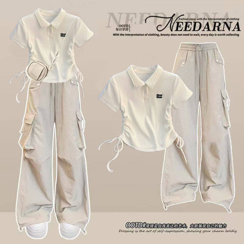 夏季套装女2025新款小个子韩版宽松抽绳短袖T恤+工装裤两件套,女装/女士精品,时尚套装,淘宝优惠券,粉丝福利购,淘宝优惠卷