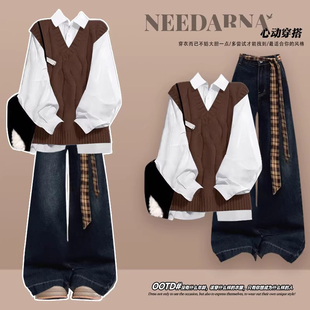 2026超火穿搭一整套ootd学院风韩系减龄衬衫套装春季高级感三件套