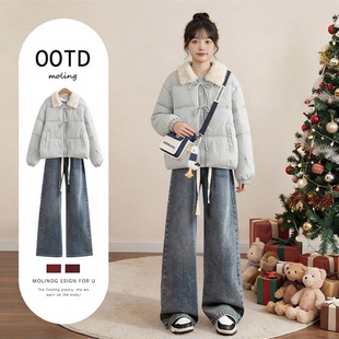 初中生少女两件套装冬季新款学生小清新羊羔毛棉服加绒牛仔裤套装