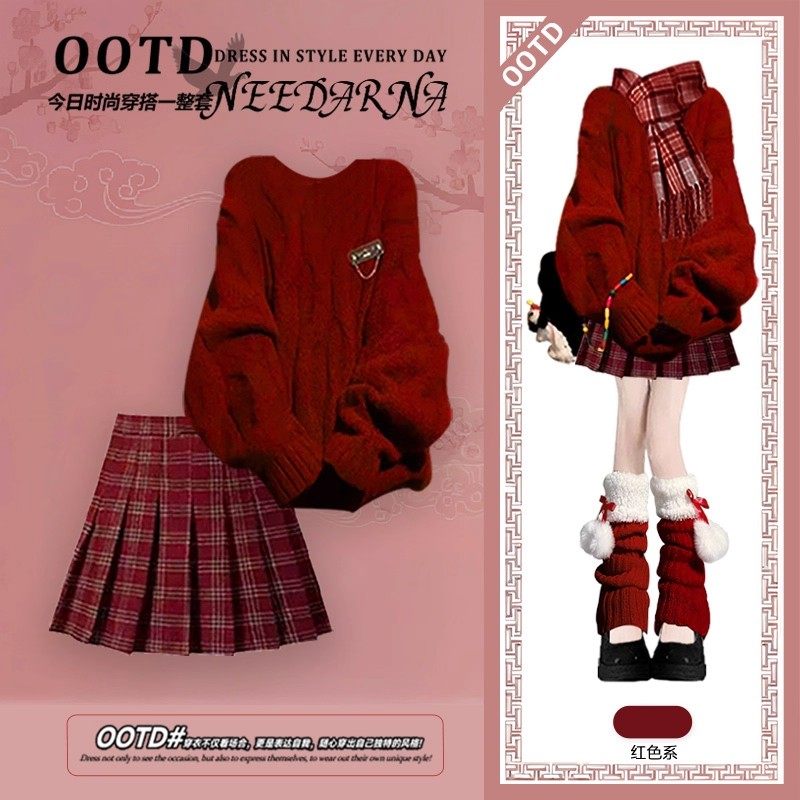 圣诞穿搭学院风红色针织连衣裙子巨好看冬装新年战袍miu系毛衣裙