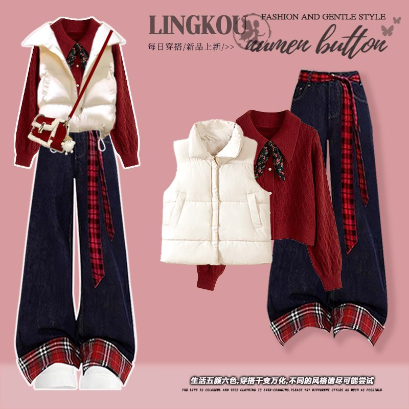 2025冬季高级感套装女减龄韩系马甲红色针织毛衣复古牛仔裤三件套