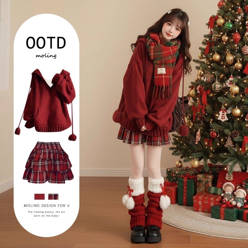 圣诞新年穿搭红针织连衣裙子巨好看的冬装富家千金miu系蓬蓬裙