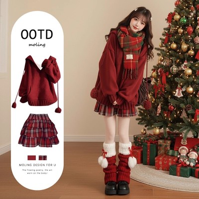 圣诞新年穿搭红针织连衣裙子巨好看的冬装富家千金miu系蓬蓬裙