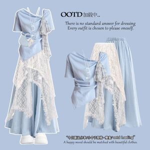 多巴胺穿搭蓝色气质连衣裙2025夏季爆款两件套巨好看的绝美掐腰裙