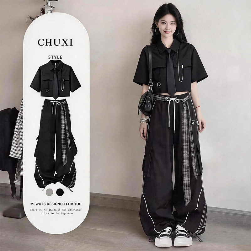 韩风chic黑色衬衫夏装2026超火穿搭一整套又酷又飒工装套装两件套
