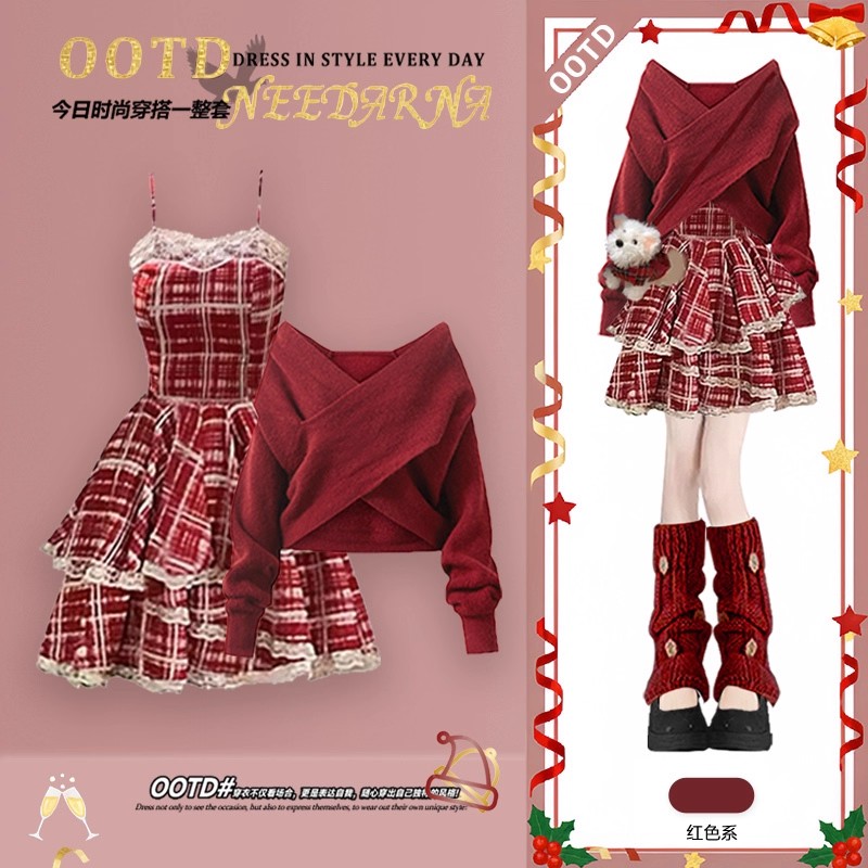 万圣节服装红色针织连衣裙子巨好看的深秋初冬季miu系圣诞毛衣裙