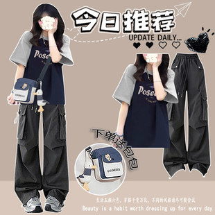 初中生夏装女2026新款青少年美式撞色短袖t恤高中学生时尚套装潮