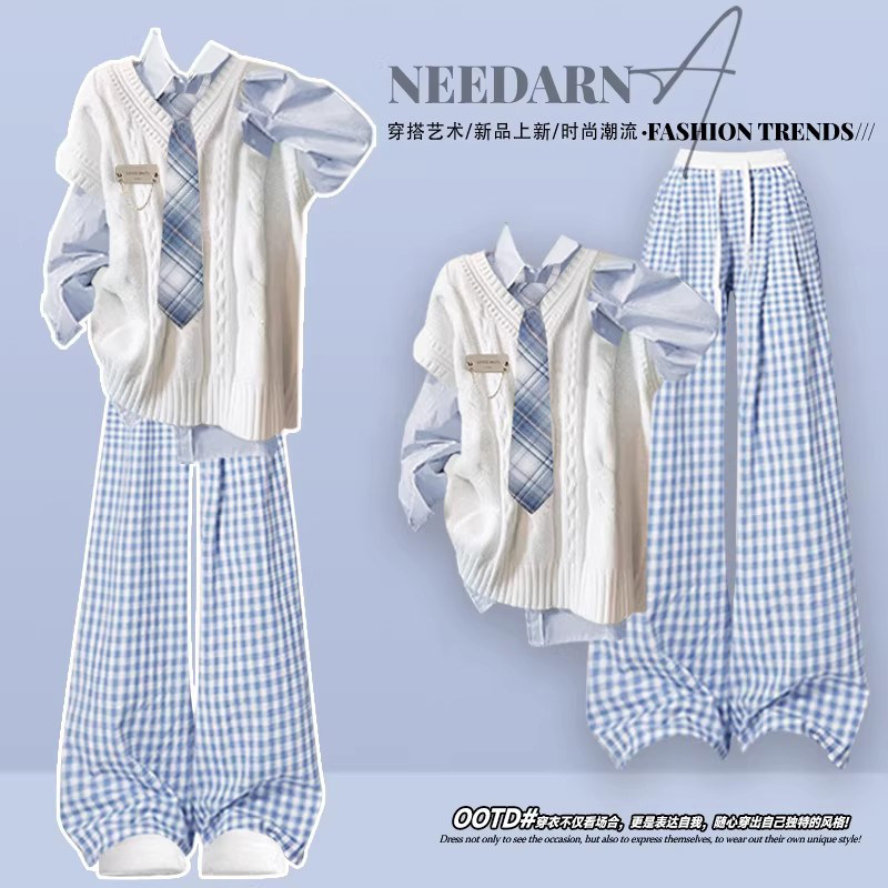早春2026超火多巴胺韩系一整套ootd穿搭减龄学院风马甲衬衫套装裤