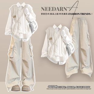 韩系慵懒chic早秋减龄一整套穿搭学院风高级感巨好看的工装裤套装