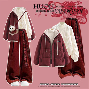 2025冬季女圣诞节新年氛围感红色假两件棉服毛衣加绒阔腿裤三件套