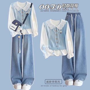 少女甜美娃娃领衬衫叠穿马甲两件套2026春装新款初中高中学生衬衣