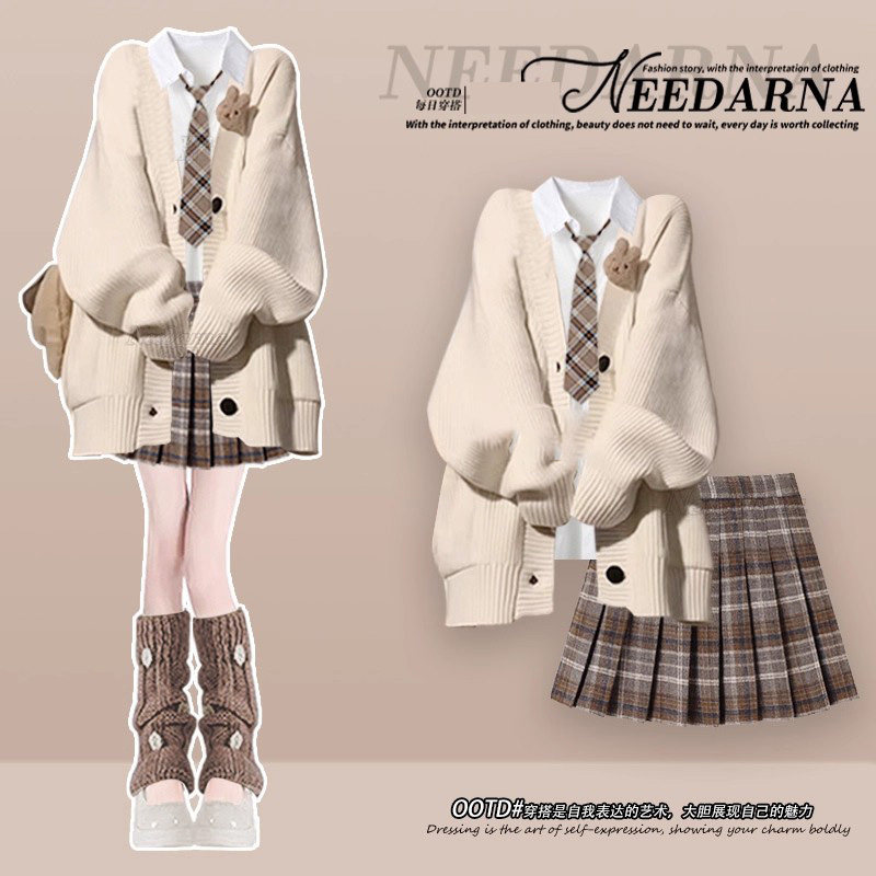 富家千金miu系穿搭学院风韩系毛衣外套冬装巨好看的针织连衣裙子