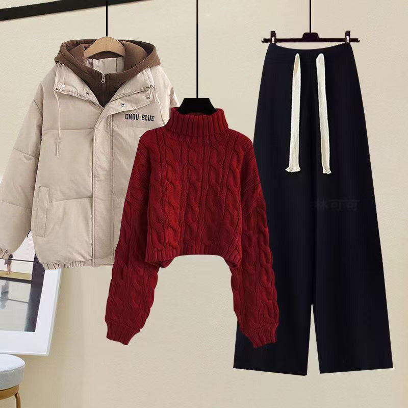 冬季套装女学生韩版宽松假两件连帽棉服外套毛衣加绒阔腿裤三件套