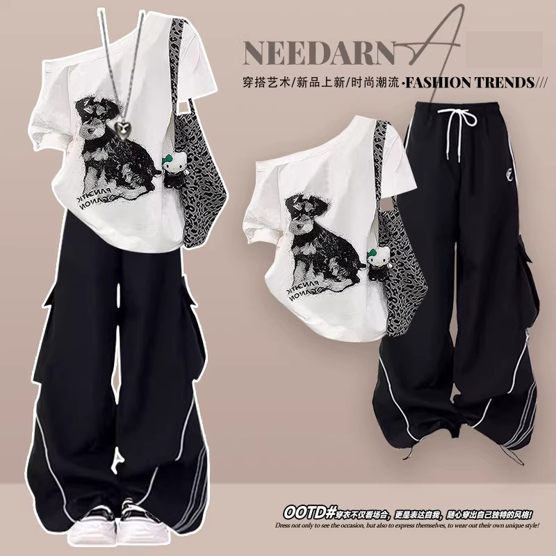 韩系初夏季穿搭黑色连衣裙女2026超火夏装一整套酷飒斜肩宽松衣服