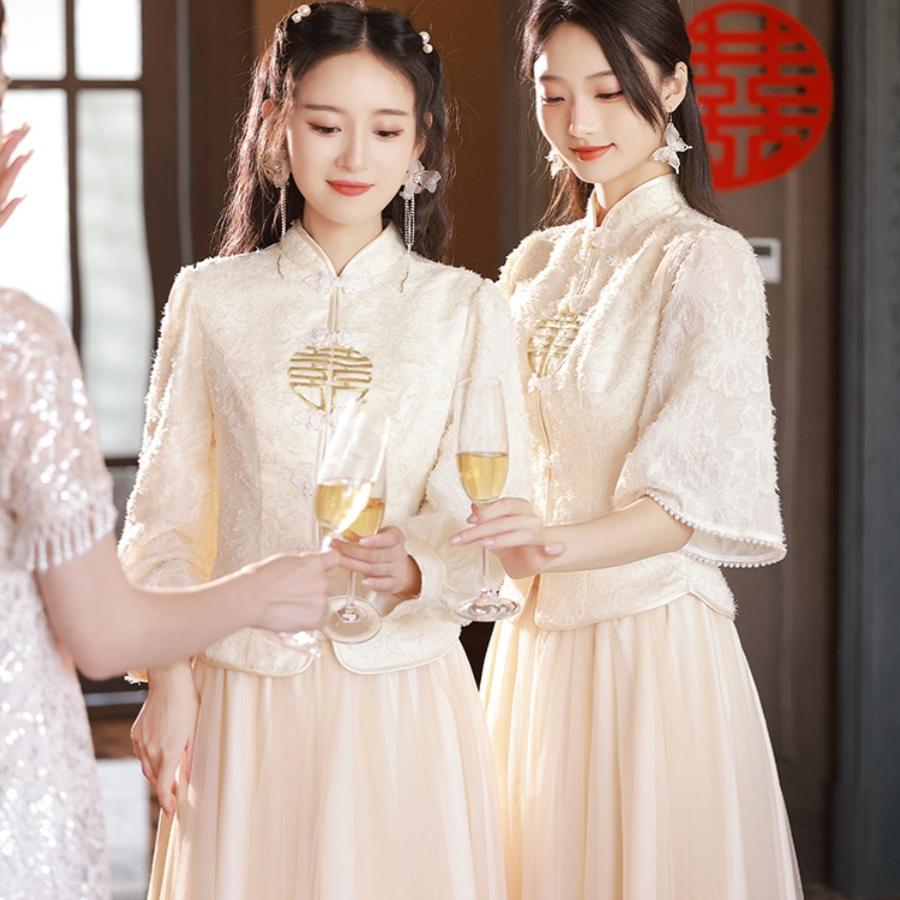 中式伴娘服女2024新款秋冬小众高级姐妹团礼服裙长袖仙气平时可穿