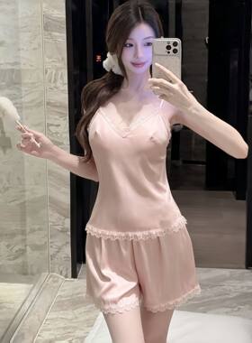 冰雪丝女性感睡衣夏季冰丝薄款吊带短裤套装蕾丝花边仿真丝居家服