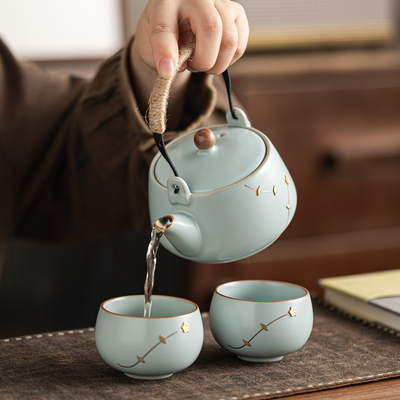 轻奢汝窑开片可养天青锔钉提梁壶功夫茶具中式家用会客泡茶茶器