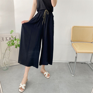时尚 高腰阔腿裤 裙裤 人造棉女九分裤 绵绸裤 宽松棉绸长裤 子夏薄款