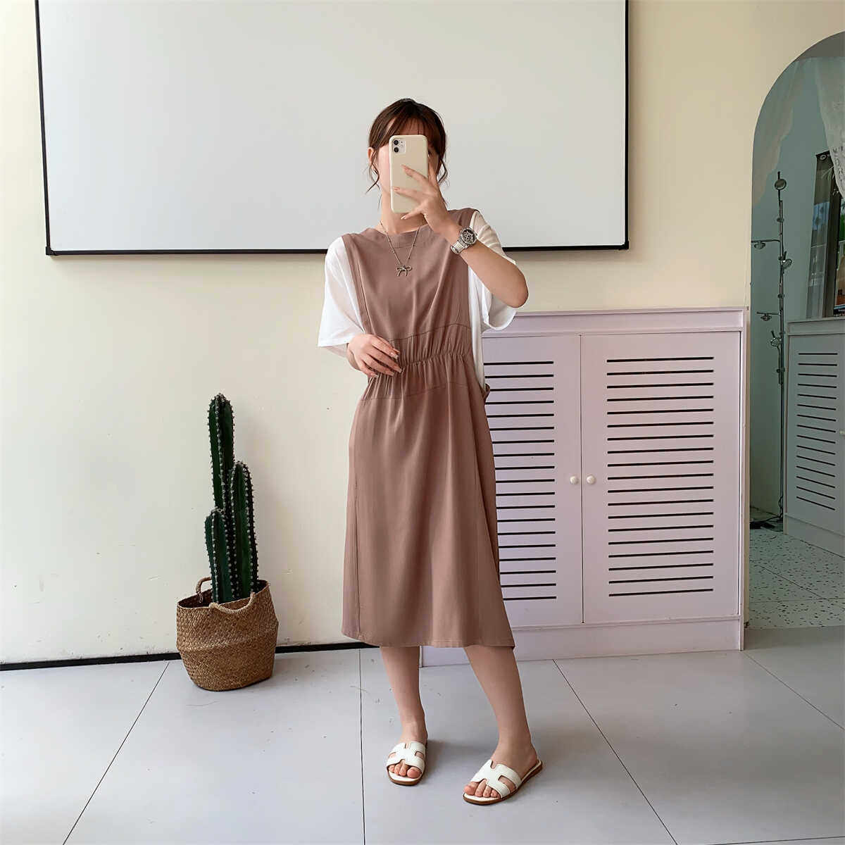 棉绸通勤人造棉孕妇可穿中长款拼接假两件收腰显瘦连衣裙