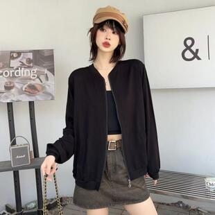 春夏韩版棉绸时尚外套女士防晒衣百搭简约宽松人造棉纯色拉链休闲