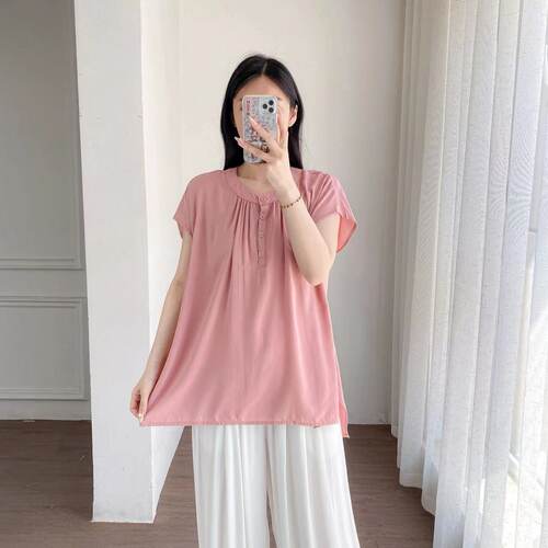夏季棉绸人造棉宽松圆领短袖女