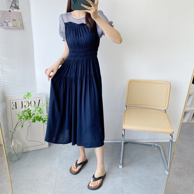 拼接连衣裙棉绸纯色拼接