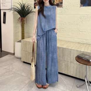 夏季女士棉绸人造棉宽松圆领休闲风无袖背心阔腿裤可外穿两件套装