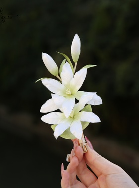 繁花入梦纯手工非遗绒花发夹白色百合花新中式汉服发饰发簪配饰