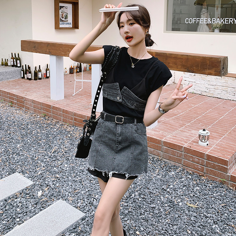新品现货！坎肩T上衣+吊带背心+牛仔假两件短裙裤2360-P115控168,女装牛仔裤,依依服饰