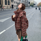 【现货】英伦风格子撞色连帽羽绒服M226-P305控438，女装羽绒服，依依服饰