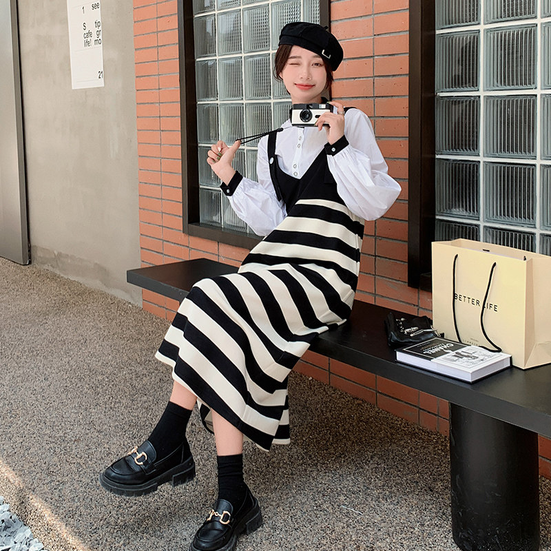 盐系条纹背带裙套装女2025春秋季新款法式显瘦设计感连衣裙两件套,女装套装/套裙,依依服饰