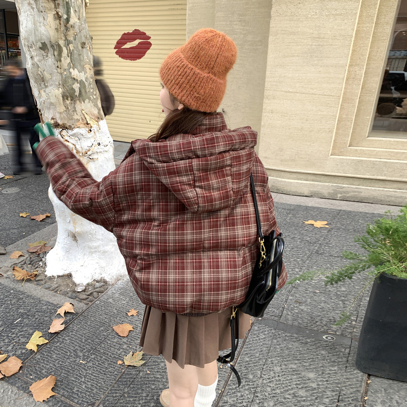 【现货】英伦风格子撞色连帽羽绒服M226-P305控438,女装羽绒服,依依服饰