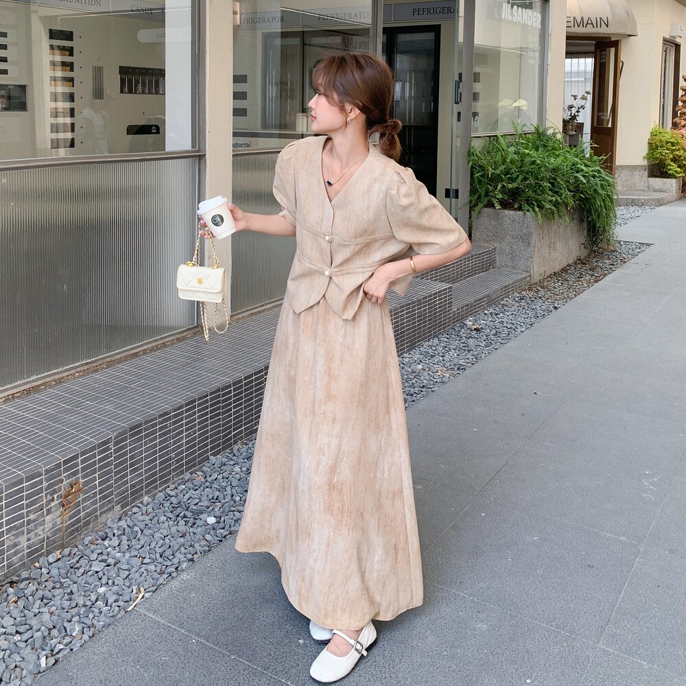 晕染短袖西装套装女夏季2025新款半身裙两件套高级感超火气质流行，女装套装/套裙，依依服饰