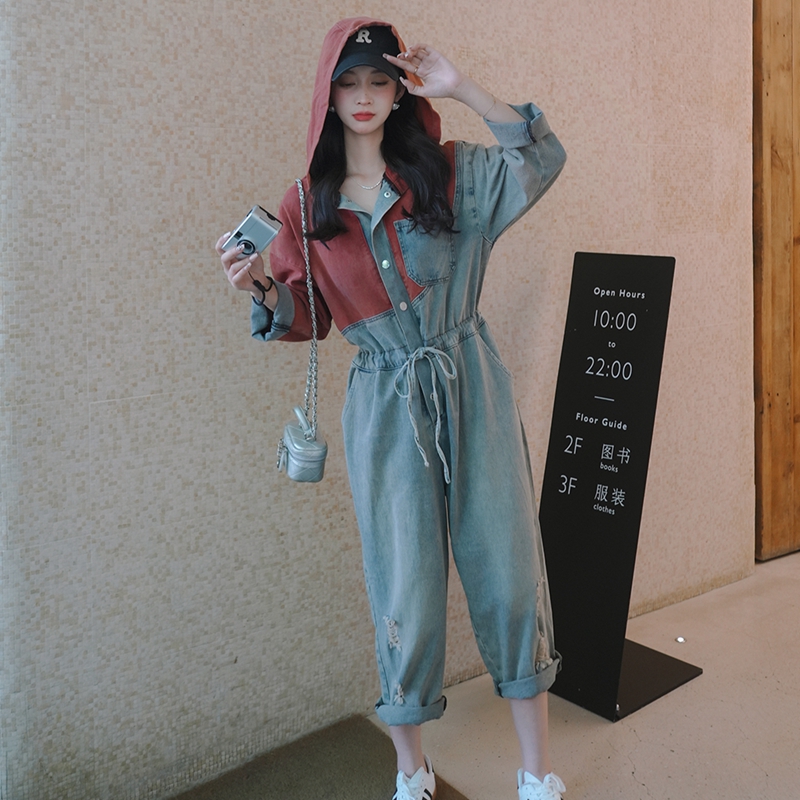 长袖牛仔连体裤女春秋季2025新款小个子设计感宽松休闲阔腿连衣裤，女装牛仔裤，依依服饰