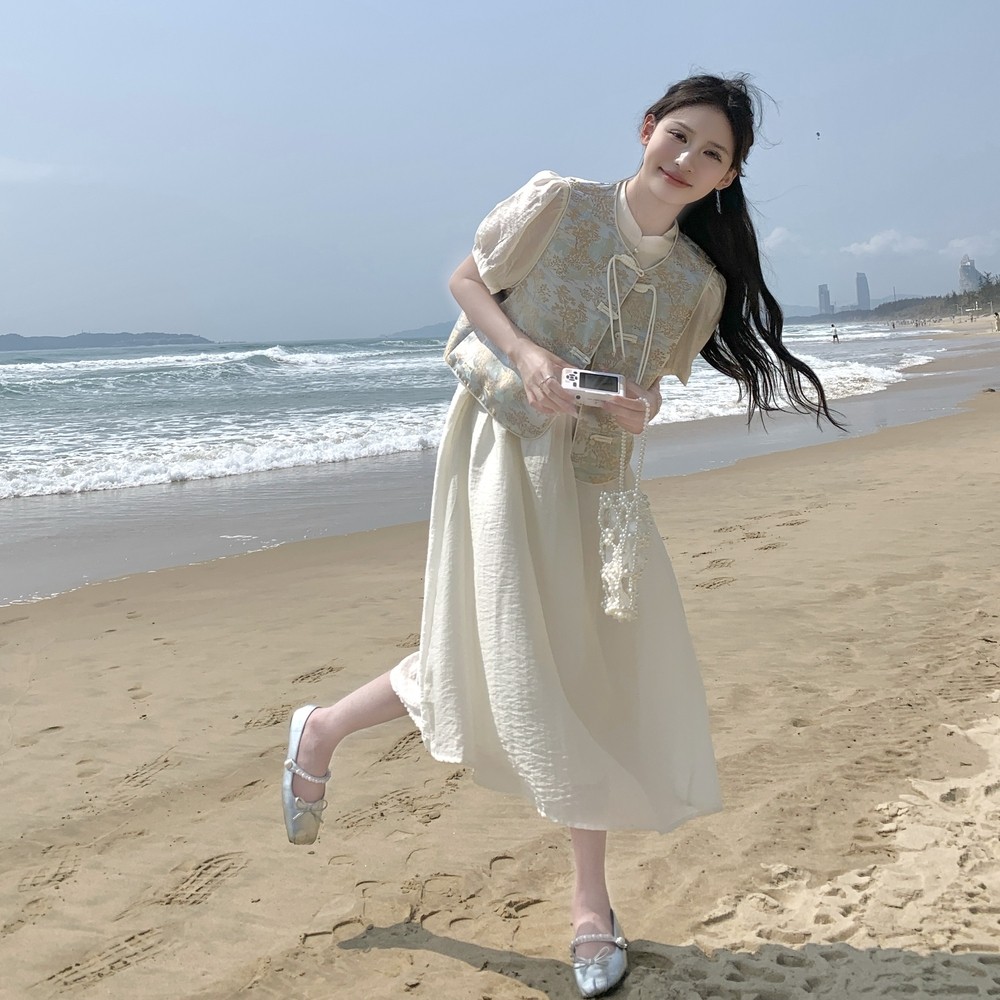 【现货】新中式风刺绣马甲连衣裙俩件套001-8051-P165控238，女装套装/套裙，依依服饰