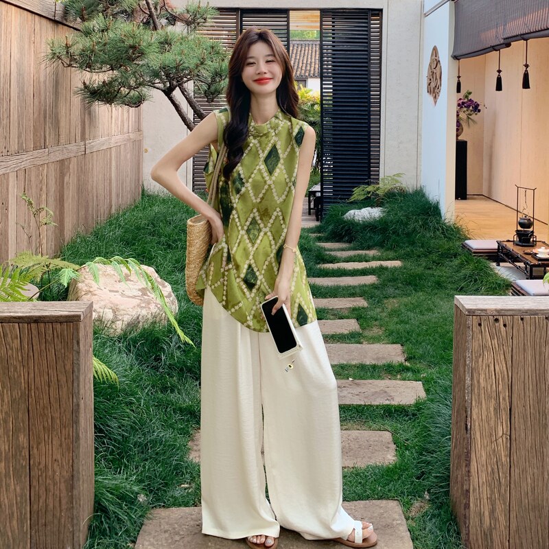 现货！老钱风新中式格纹盘扣上衣+阔腿裤8062-P165控238，女装套装/套裙，依依服饰