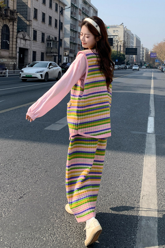 【现货】条纹针织彩色马甲三件套8606-P195控318,女装套装/套裙,依依服饰