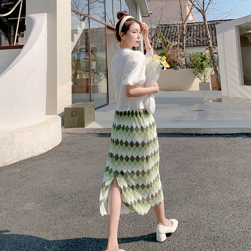 新品！泡泡袖温柔蕾丝上衣+百搭皱皱裙两件套2212-P125控178,女装套装/套裙,依依服饰