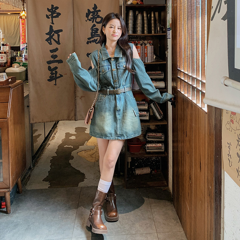 【图】现货！露肩小心机辣妹牛仔连衣裙6013P135控188送腰带,女装连衣裙,依依服饰